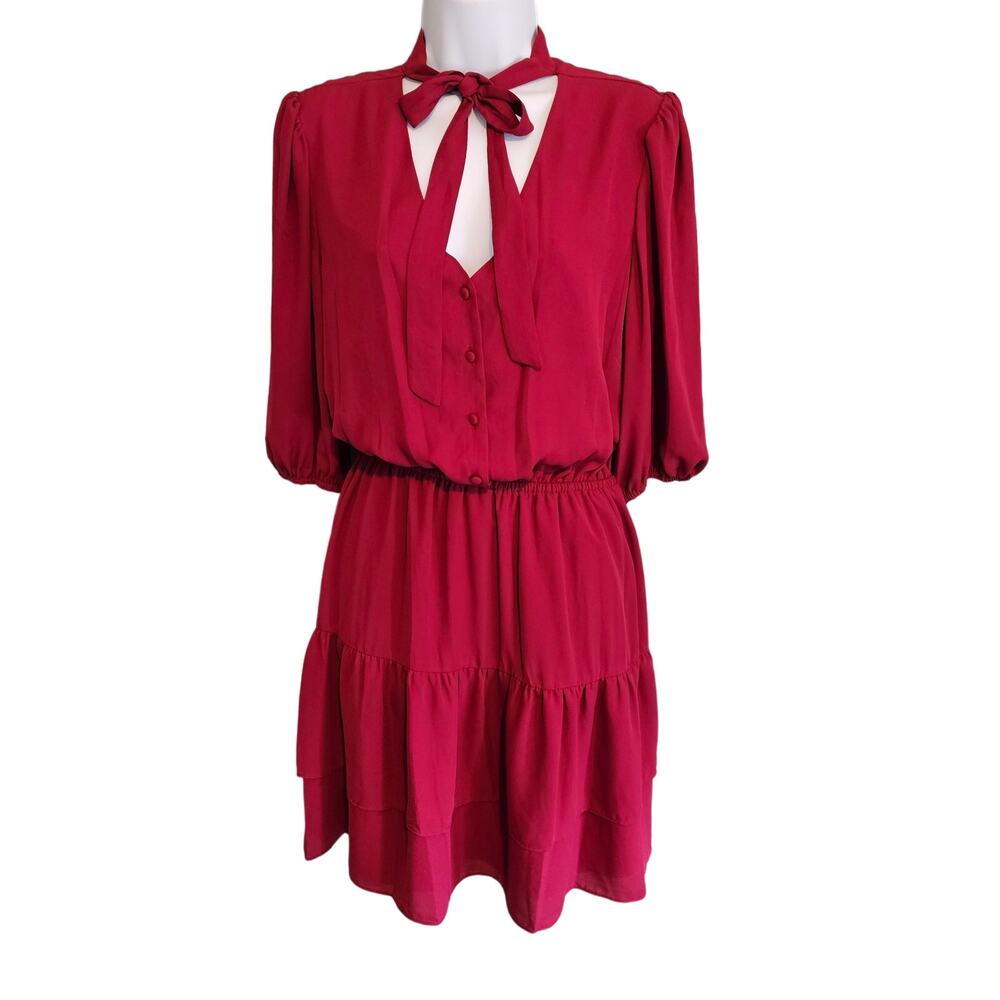 Nanette Lepore Tie Neck Tiered Shirt Dress Cranberry size 10 NWT